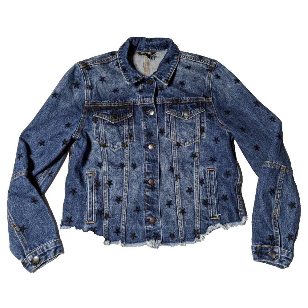 DRIFTWOOD Women Medium Star Embroidered Blue Frayed Edge Denim Trucker Jacket